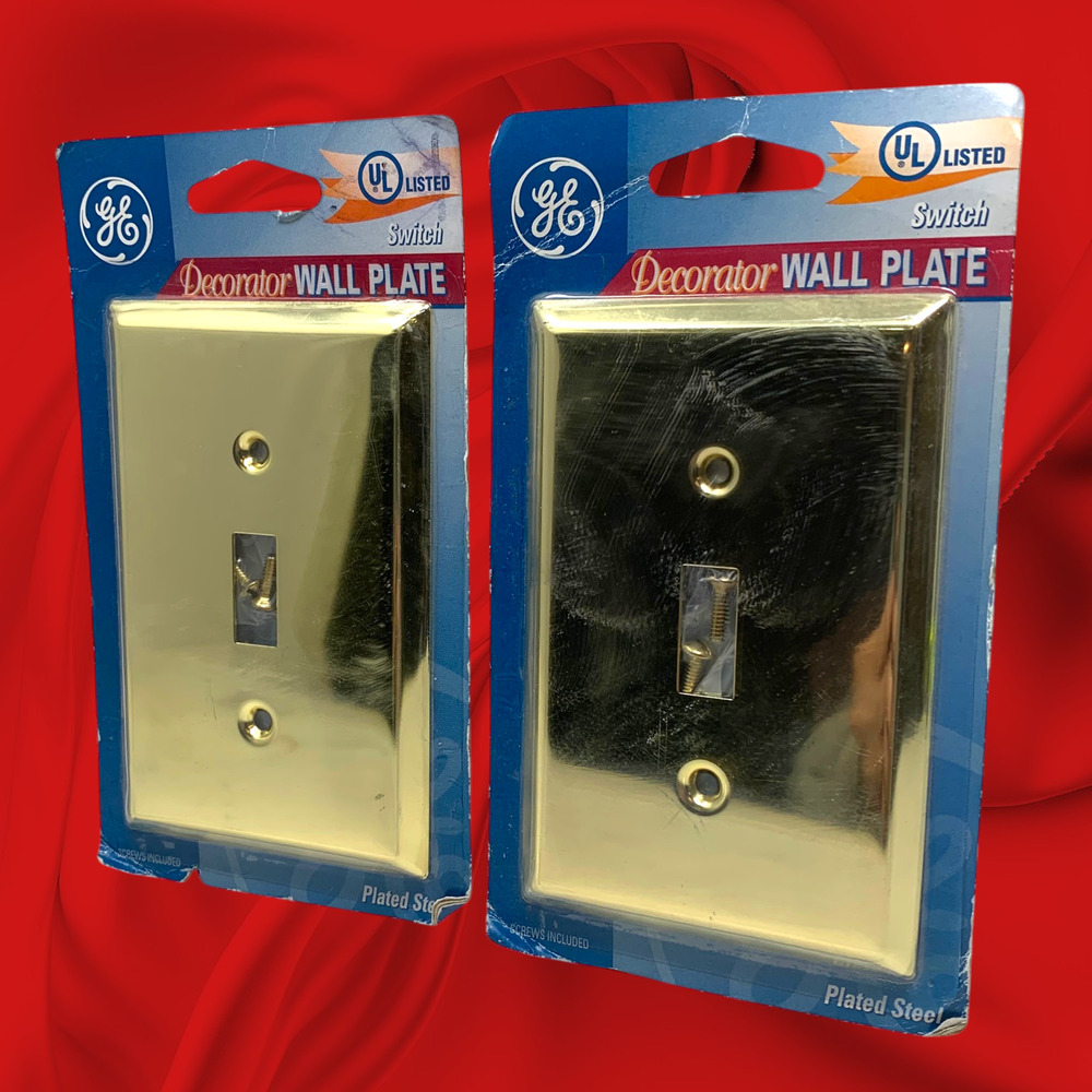 Vtg Lot 2 x Brass GE Decorator Wall Switch Plate Plated Steel Flush Gold Tone